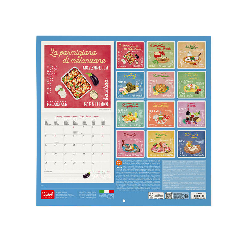 Calendario Da Parete 2025 'La Dolce Vita' Legami - 30x29 Cm, 12 Mesi, Planner, Multilingue, Con Illustrazioni Di Cibo Italiano