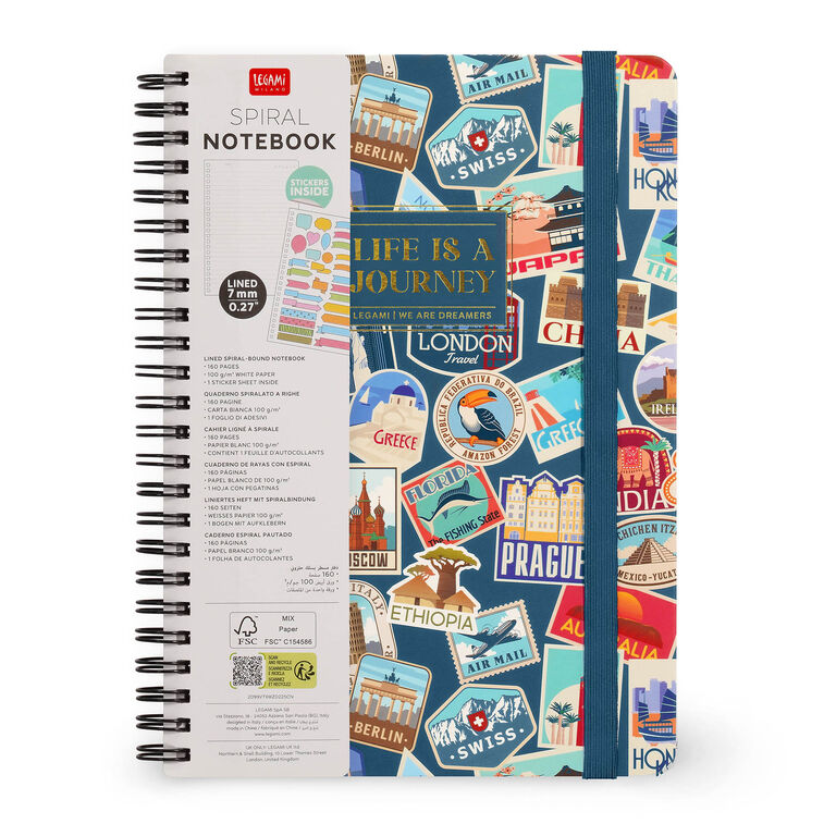 A5 Lined Notebook with Illustrated Hard Cover - Travel Stickers - Spiral-Bound