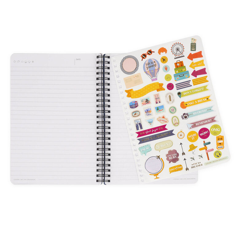 A5 Lined Notebook with Illustrated Hard Cover - Travel Stickers - Spiral-Bound