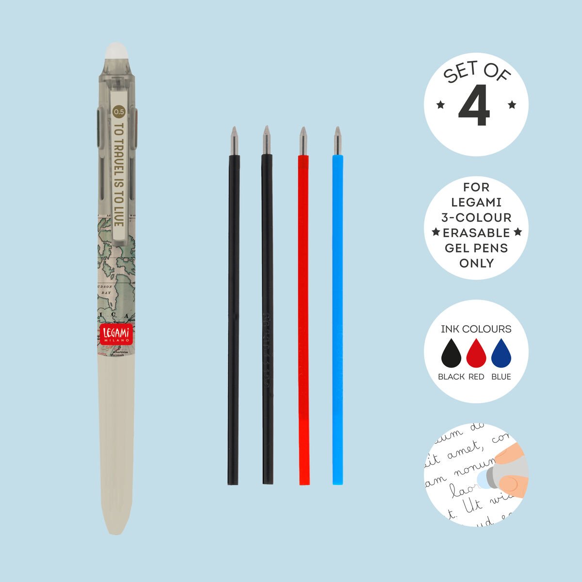 Set of 4 Refills for 3-Colour Erasable Gel Pens, , zoo