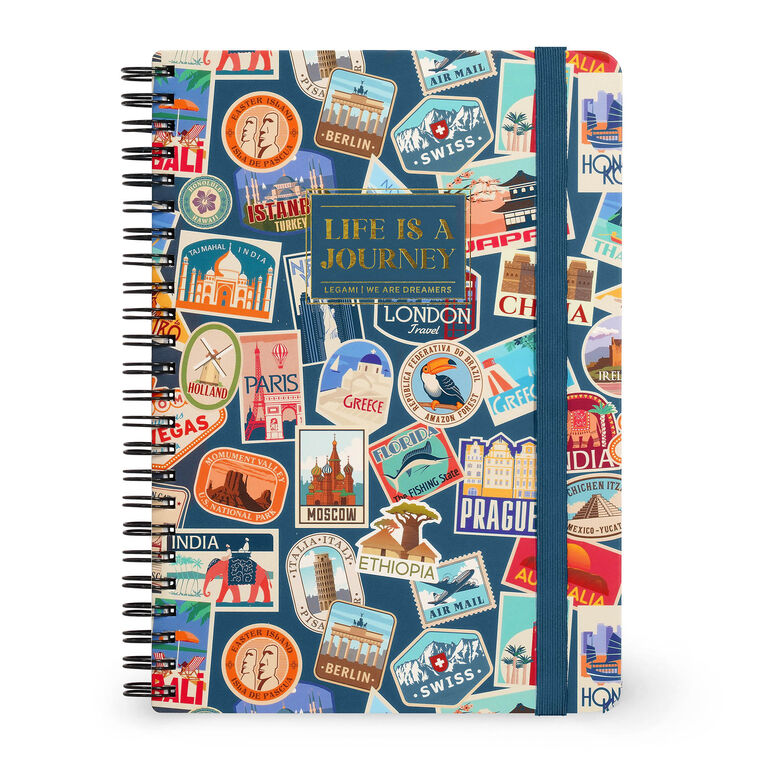A5 Lined Notebook with Illustrated Hard Cover - Travel Stickers - Spiral-Bound