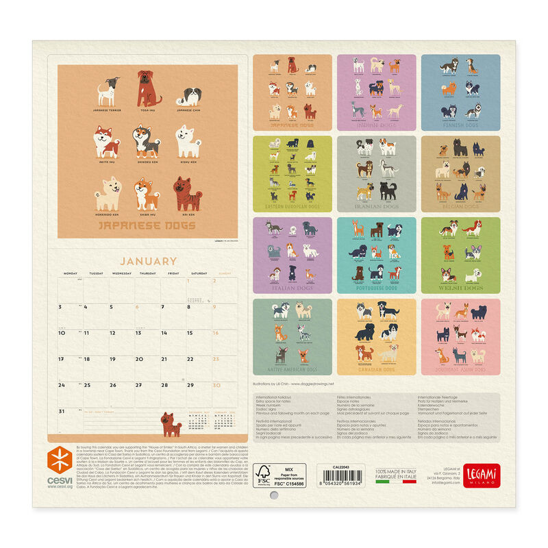 Planner Annuale Carta FSC Griglia con Segni Zodiacali 12 Mesi Made in Italy 18 x 18 cm Legami Calendario da Parete 2022 Numero della Settimana Festività Internazionali 