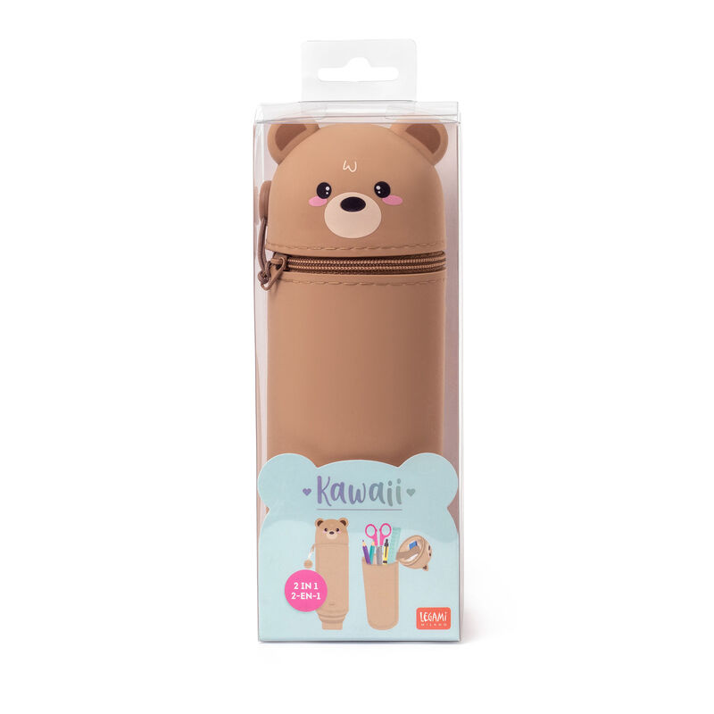Trousse école Silicone 2 En 1 Panda Kawaii - Porte-stylo Vertical, Fermeture éclair - 7x7x19 Cm