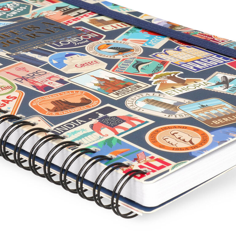 A5 Lined Notebook with Illustrated Hard Cover - Travel Stickers - Spiral-Bound