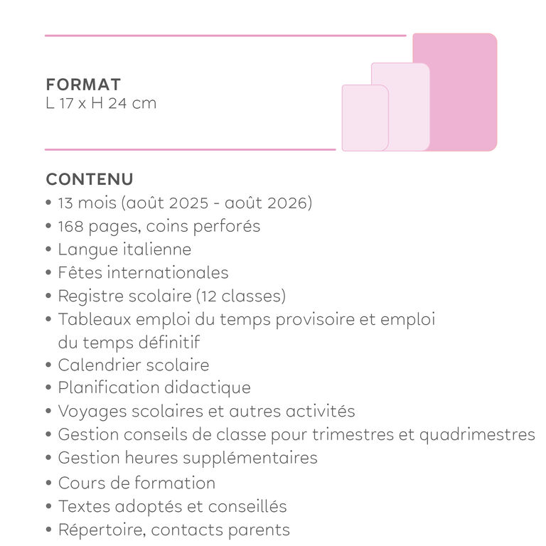 Agenda de l'Enseignant 2025/2026 Semainier 13 Mois - Raspberry